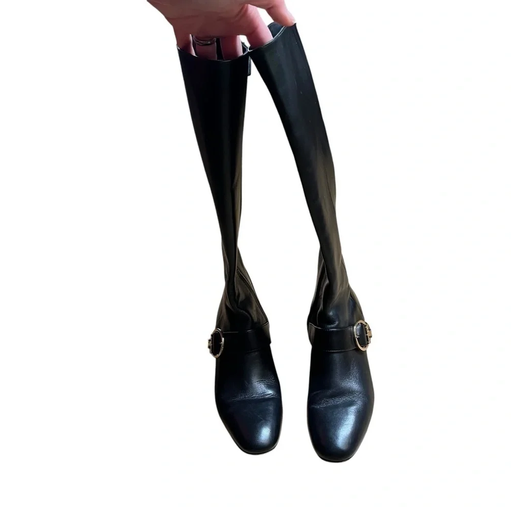 TORY BURCH Sophia Black Nappa Leather Tall Wedge Riding Boots